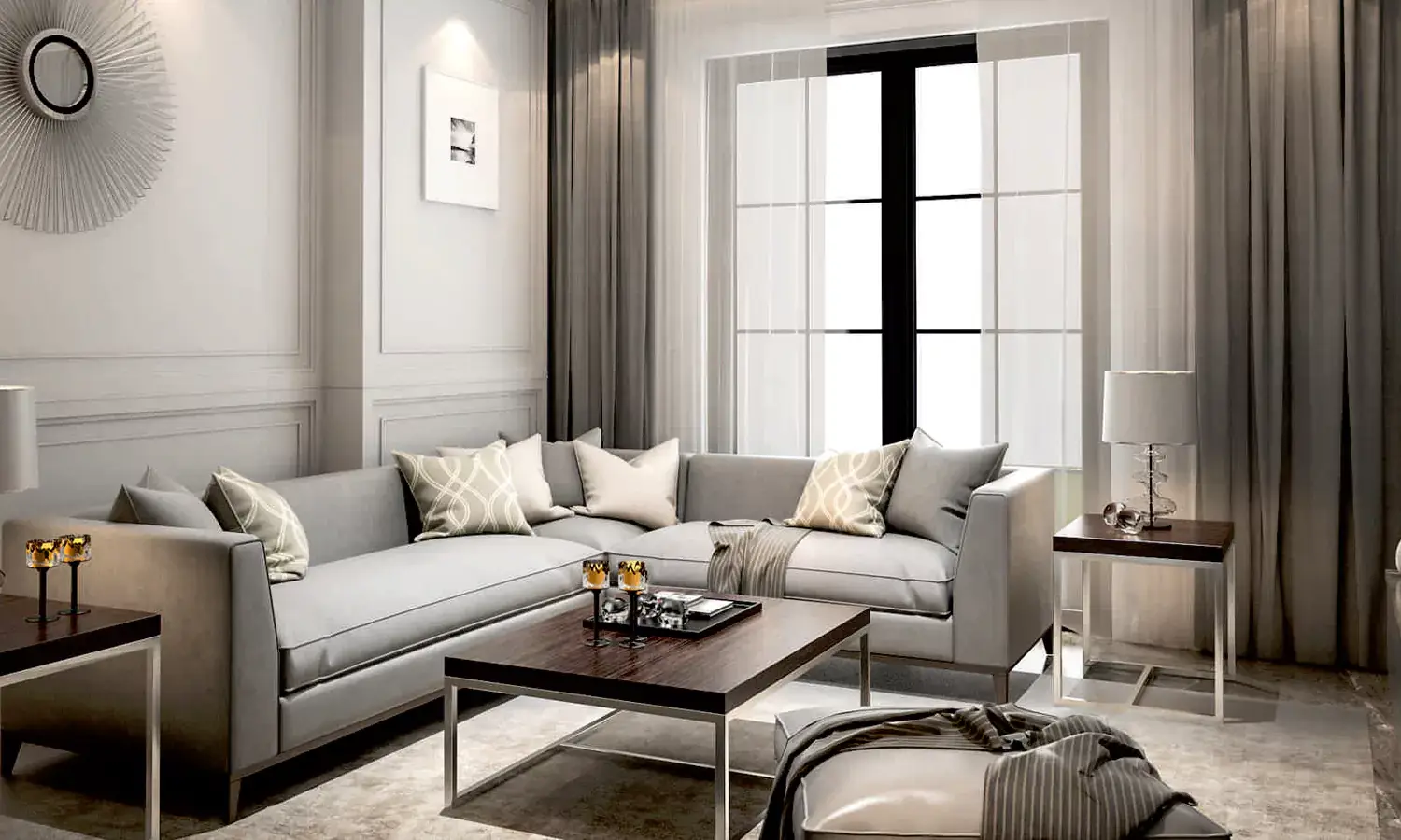 Living room with orange sofa and wooden partition